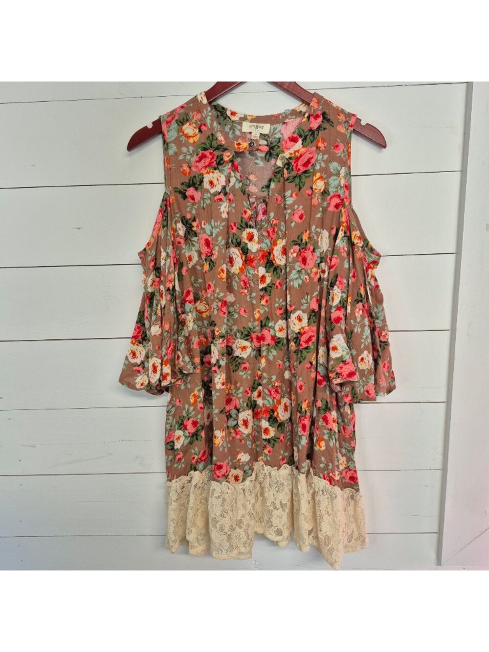 Umgee Women's Floral Cold Shoulder Tunic Dress With Lace Hem Size M